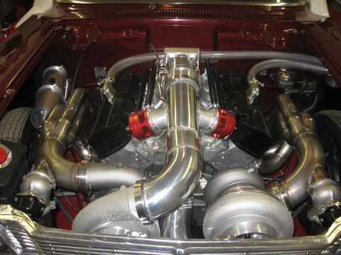 1965 Ford Fairlane - Custom twin-turbo V8 engine build with polished aluminum and red blow-off valves.