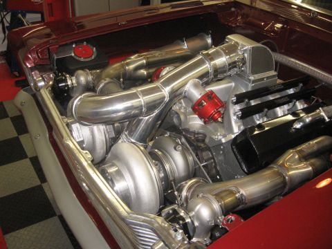 1965 Ford Fairlane - Custom engine build a complex twin-turbo setup with polished aluminum piping.