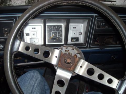 1979 Ford Bronco - The interior of a 1979 Ford Bronco shows its dashboard, steering wheel, and gauges.