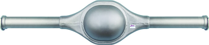 Silver rear axle housing with a small purple and white label