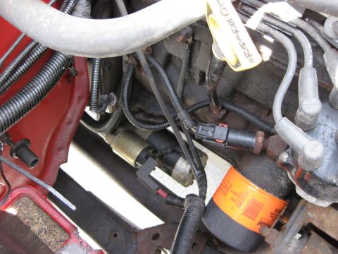 1998 Jeep Wrangler - Close-up view of engine components including the starter, oil filter, and spark plug wires.