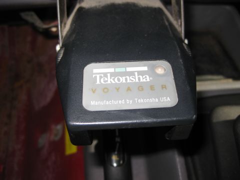 1998 Jeep Wrangler - Close-up of a Tekonsha Voyager trailer brake controller, indicating it was manufactured in the USA.