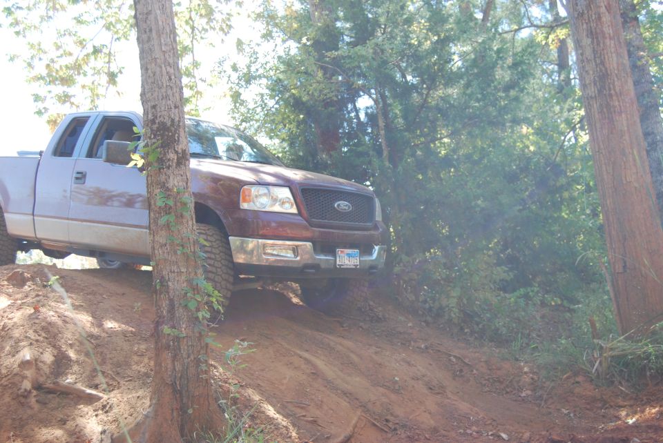 Brown and silver Ford F-150 truck on a dirt hill, front 3/4 view, some rust visible
