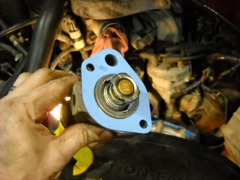 1993 Ford C-150 (Centurion Conversions) - A hand holds a thermostat housing with a blue gasket, ready for installation into an engine.