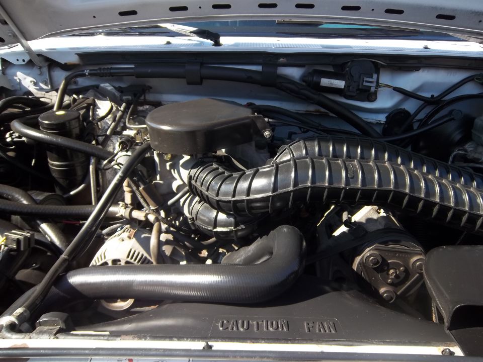 engine bay with hoses, alternator, and air intake visible