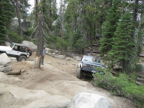 1986 Ford Bronco - Two 4x4 vehicles tackle a challenging off-road path through a dense forest with rocky terrain.