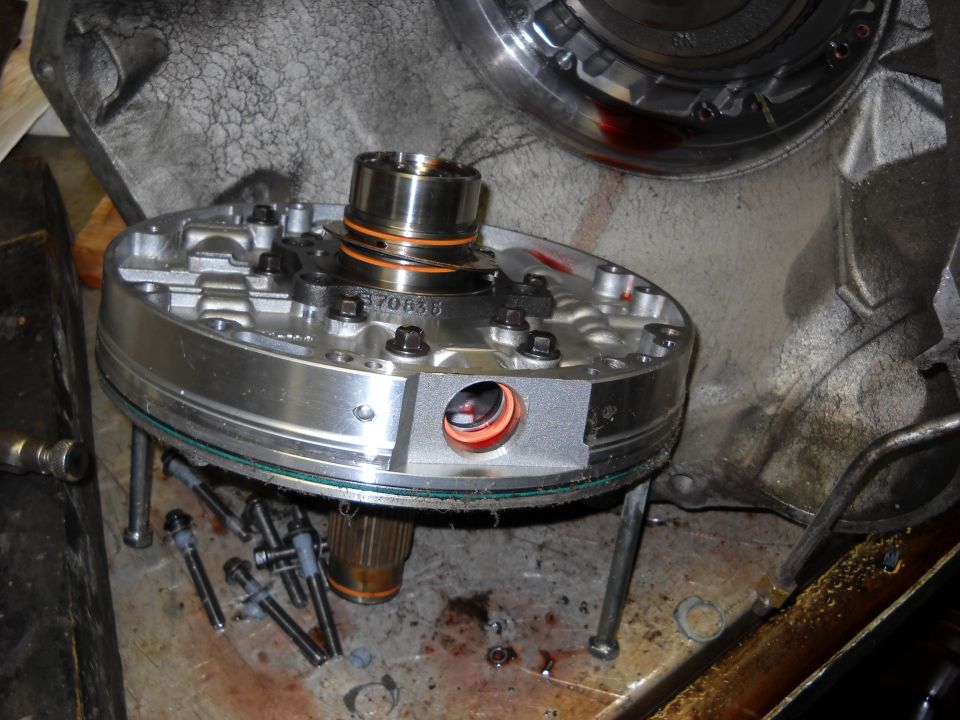 Transmission front pump with new O-rings on alignment studs during a rebuild