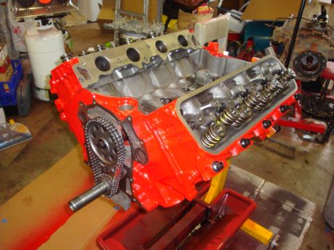 1989 Ford Bronco - Engine block with timing chain and valve springs visible, set up on an engine stand for rebuild.