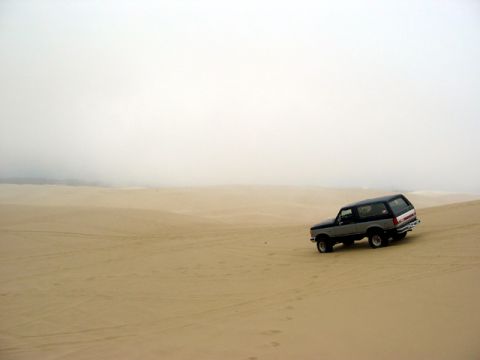 1989 Ford Bronco - A two-tone 1989 Ford Bronco navigates sandy terrain under an overcast sky.