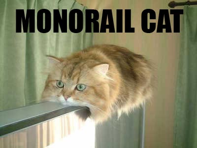 1988 Ford Bronco - A fluffy cat with green eyes rests its head on a railing, with the words MONORAIL CAT displayed above.
