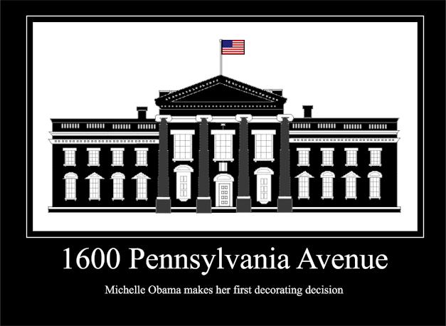Illustration of the White House with text '1600 Pennsylvania Avenue' and 'Michelle Obama makes her first decorating decision'