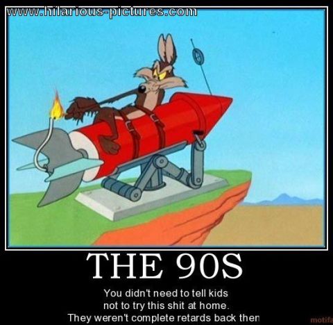 1988 Ford Bronco - A cartoon coyote is depicted on a rocket, ready for launch, with a humorous caption about the 90s.