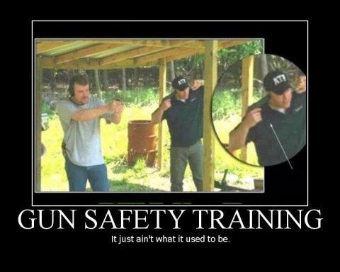 1988 Ford Bronco - A meme about gun safety training, men at an outdoor range with firearms.