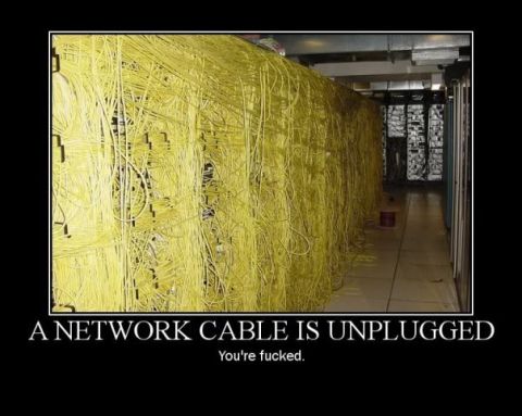 1988 Ford Bronco - A server room's chaotic network cable management is depicted, with yellow cables dominating the scene.