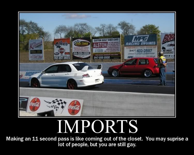 White race car and red hatchback on drag strip, with signs in background