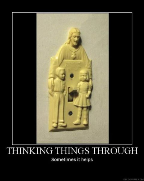 1988 Ford Bronco - A light switch cover depicts Jesus with two children, accompanied by the text 'THINKING THINGS THROUGH'.