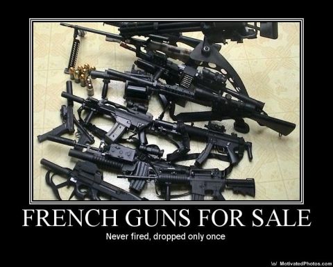 1988 Ford Bronco - A collection of various firearms is displayed with the humorous caption "FRENCH GUNS FOR SALE" and "Never fired, dropped only once."