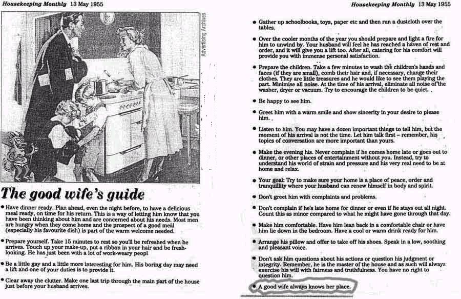 Magazine page with illustration of a family in a kitchen and text titled 'The good wife's guide'
