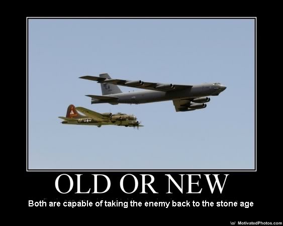 B-52 bomber flies above a B-17 Flying Fortress in the sky