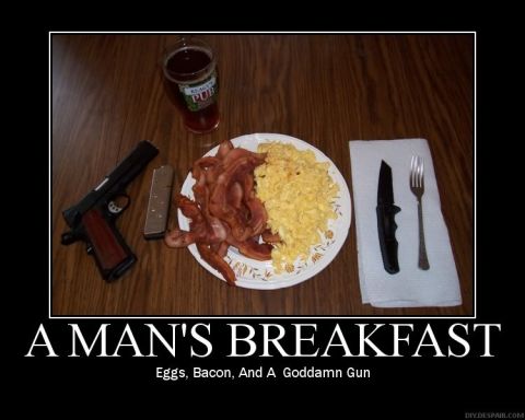 1988 Ford Bronco - A plate of eggs and bacon sits next to a handgun and cutlery, with a glass of beverage nearby.