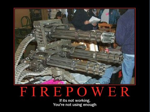 1988 Ford Bronco - A minigun is displayed with the text "FIREPOWER" and a humorous quote about its effectiveness.