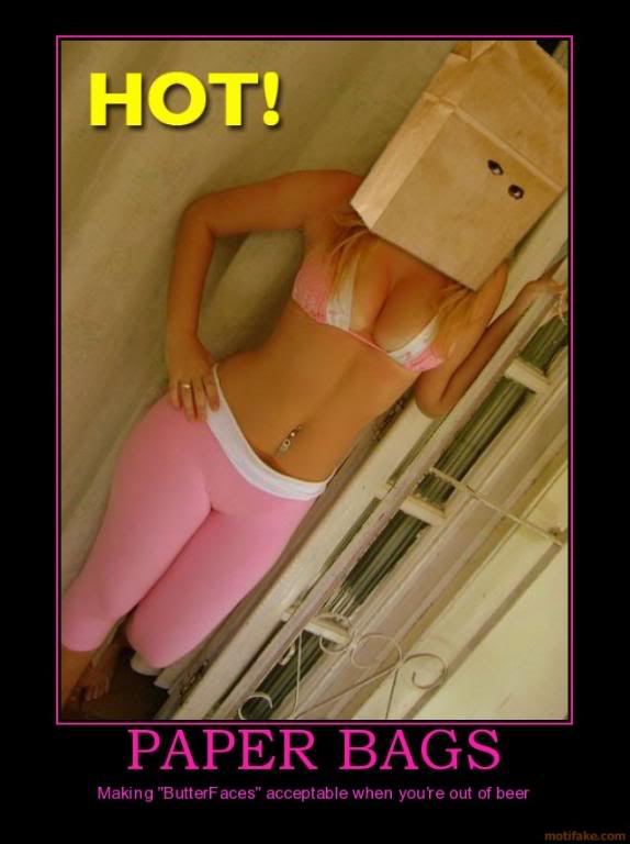 Person in bikini and pink leggings with a paper bag over their head, text says HOT! and PAPER BAGS