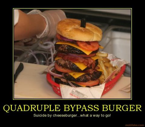 1988 Ford Bronco - A massive burger is presented with a side of fries, accompanied by a humorous caption about its unhealthy nature.