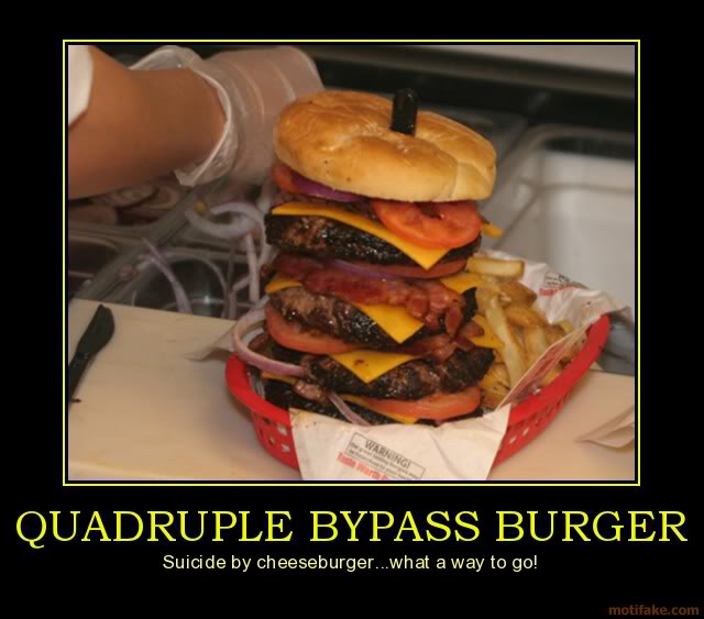 Quadruple Bypass Burger with four beef patties, cheese, bacon, tomato, onion, and fries in a red basket