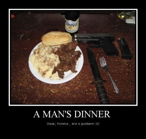 1988 Ford Bronco - A meal consisting of steak, potatoes, and a bun, accompanied by a handgun and a beer.