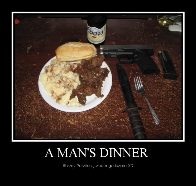 Plate of steak and potatoes with a bun, Coors beer, handgun with magazine, knife, and fork on a table