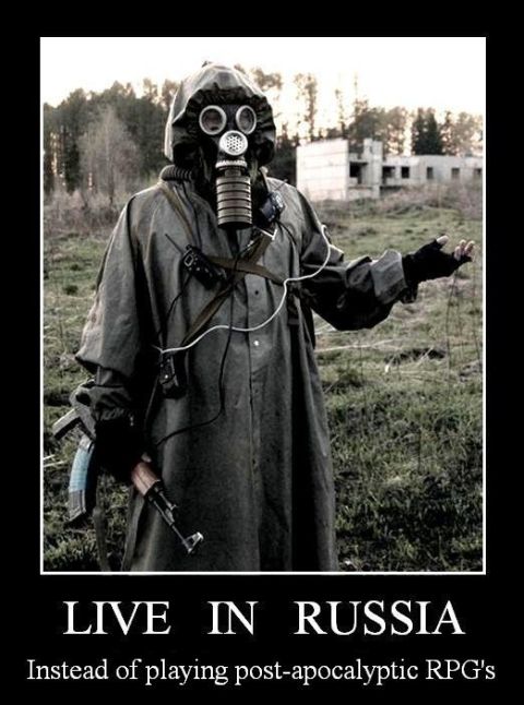 1988 Ford Bronco - A person in a gas mask and protective suit stands in a desolate landscape, holding a rifle.