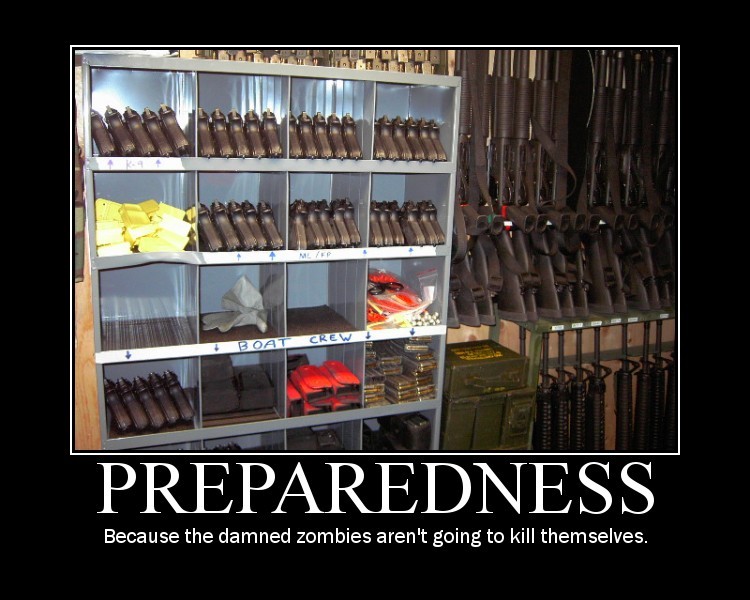 Rack of handguns and shotguns with ammo cans
