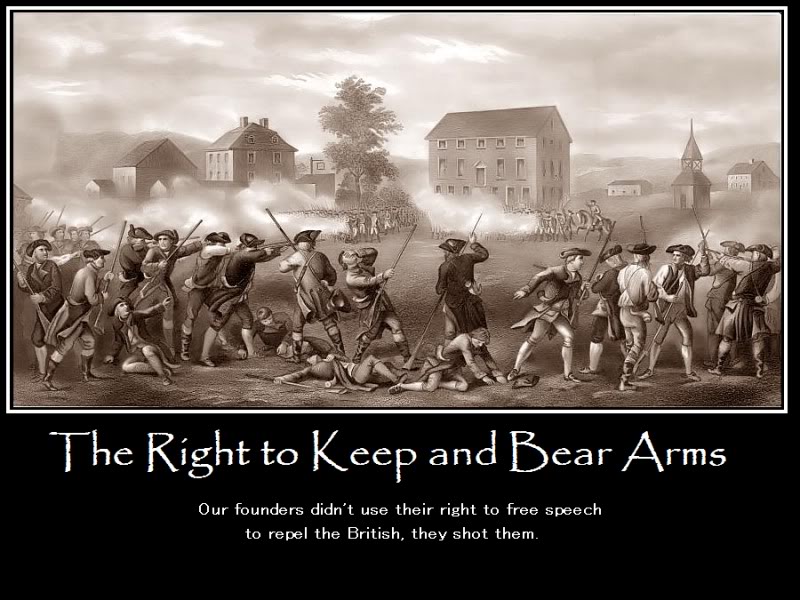 Historical battle scene with text 'The Right to Keep and Bear Arms'