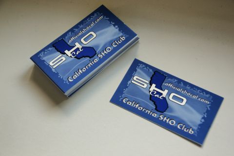 1993 Ford Taurus - Business cards for the California SHO Club are stacked and laid out, displaying the club name and website.