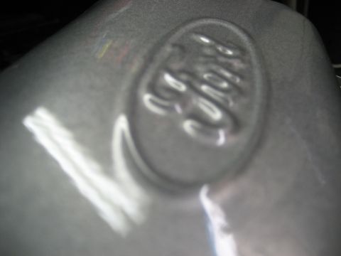1994 Ford F-150 - Close-up of an embossed Ford emblem on a gray, metallic part.
