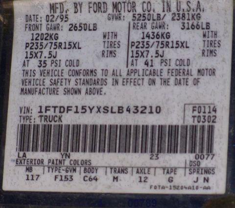 1995 Ford F-150 - Safety Certification label in driver's door jamb above door latch strike (VIN edited) [url=https://www.supermotors.net/registry/media/72354…