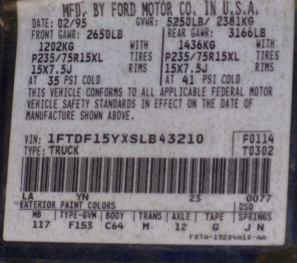 Ford door VIN and tire-pressure certification sticker dated 02/95