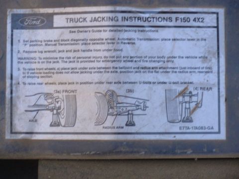 1995 Ford F-150 - Jacking Instructions sticker on core support [url=https://www.supermotors.net/registry/media/831119] https://www.supermotors.net/getfile/83…
