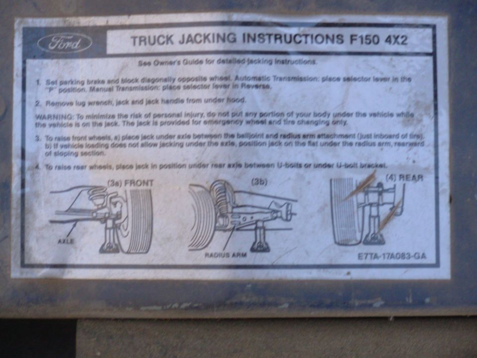 Ford 'Truck Jacking Instructions F150 4X2' sticker with diagrams
