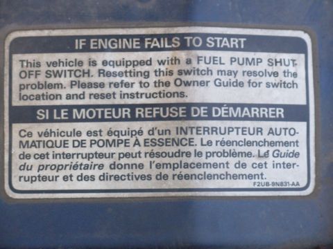 1995 Ford F-150 - Inertia Fuel Shutoff (IFS) switch sticker on core support