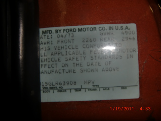 Ford certification label dated 04/73 with GVWR 4900, axle ratings and MPV type