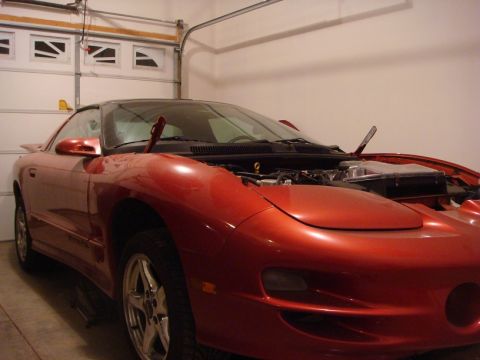 2001 Pontiac Trans Am - Front view of a red Pontiac Firebird with its hood open, parked inside a garage.