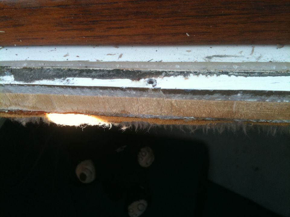 Close-up of layered material with insulation fibers and a dark area with fasteners