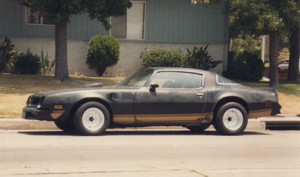 Side view of a dark gray 1977-1981 Pontiac Firebird Trans Am with gold trim and white wheels parked on a street