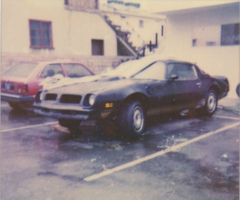 1968 Ford Mustang - A dark coupe is parked in a lot, partially covered in snow, with another car behind it.