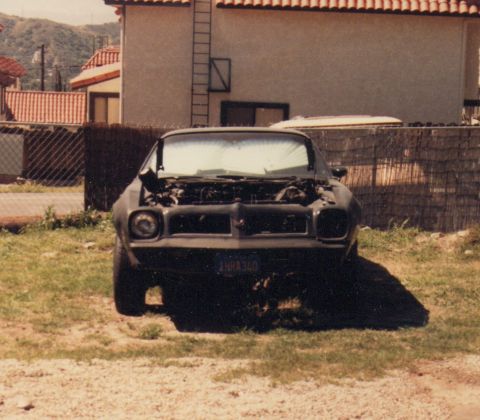 1968 Ford Mustang - A dark colored car sits in a grassy area with its hood open and a license plate visible.