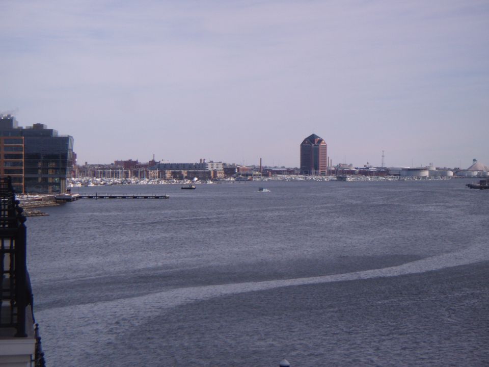 Waterfront cityscape with boats docked in a harbor and buildings in the background