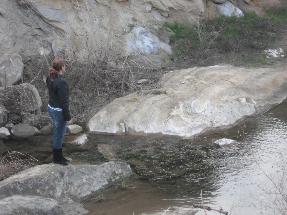 Person standing on a rock next to a stream with rocky cliffs in the background