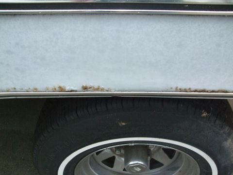 1979 Ford Bronco - Close-up of a vehicle's side panel and tire shows rust damage along the bottom edge.
