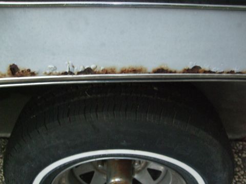 1979 Ford Bronco - The lower body panel of a white vehicle shows extensive rust, with a tire visible below.
